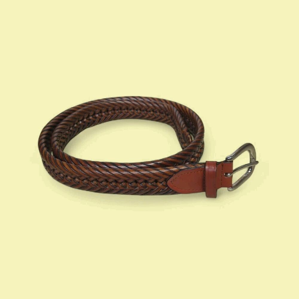 Braided Brown Leather Belt Adjustable Silver Tone Buckle 47" L